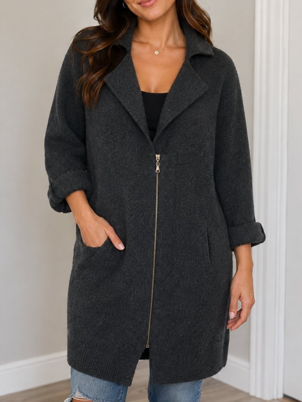 Cliché Grey Knit Zip Cardigan | Medium | Wool Blend Coatigan
